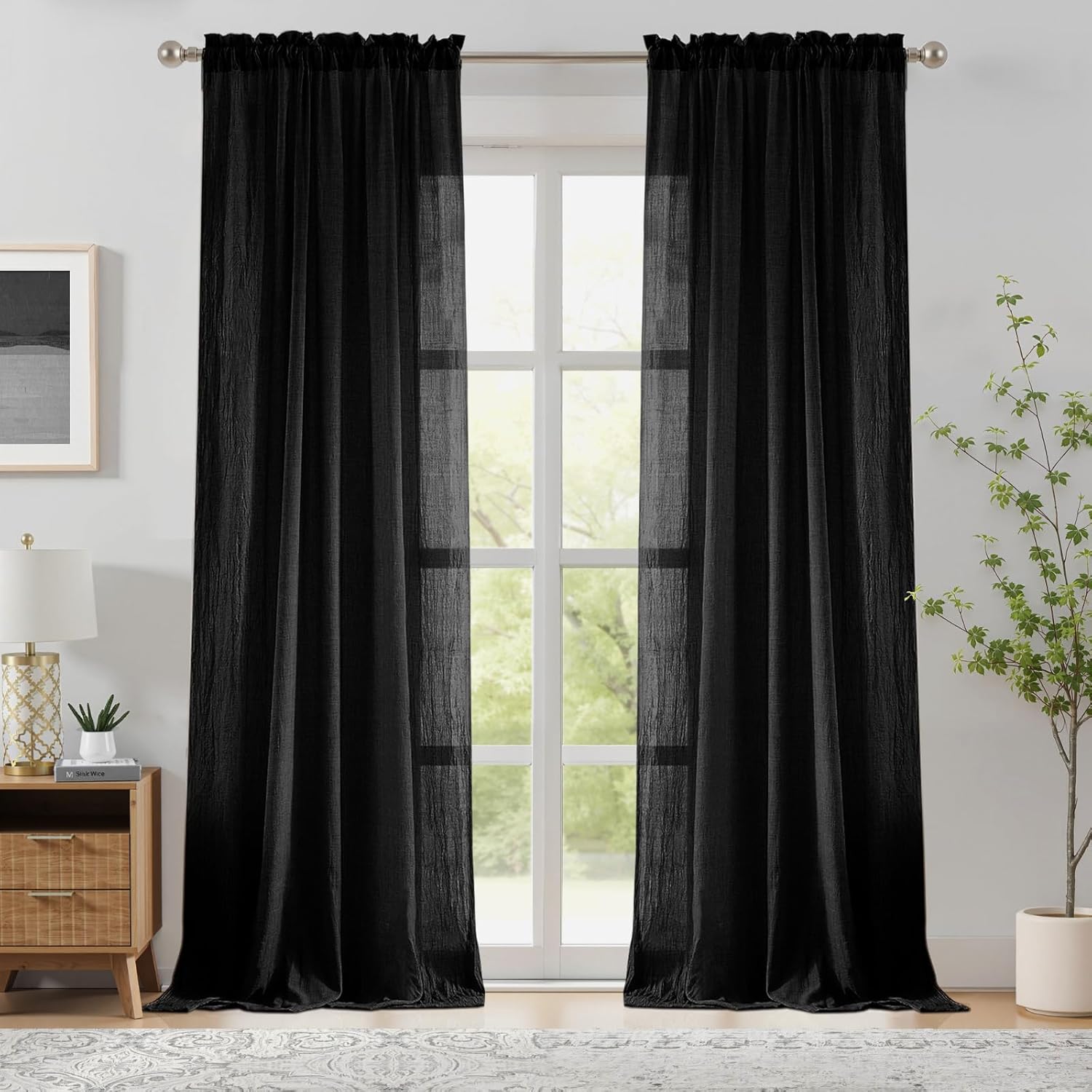 Linen Roller Blind - 침실 거실용 블랙 시어 커튼, 내추럴